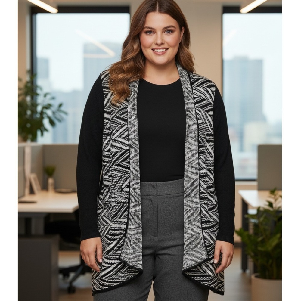 Torrid Black White Zigzag Chevron Open Front Waterfall Cardigan Sweater